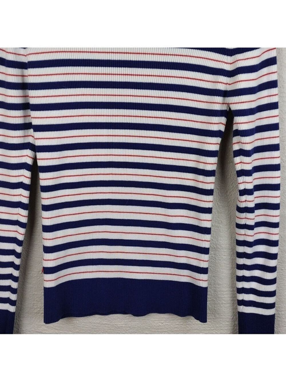 Scotch & Soda Red White Blue Striped Mock Neck Long Sleeve Ribbed Knit Top - Picture 11 of 12